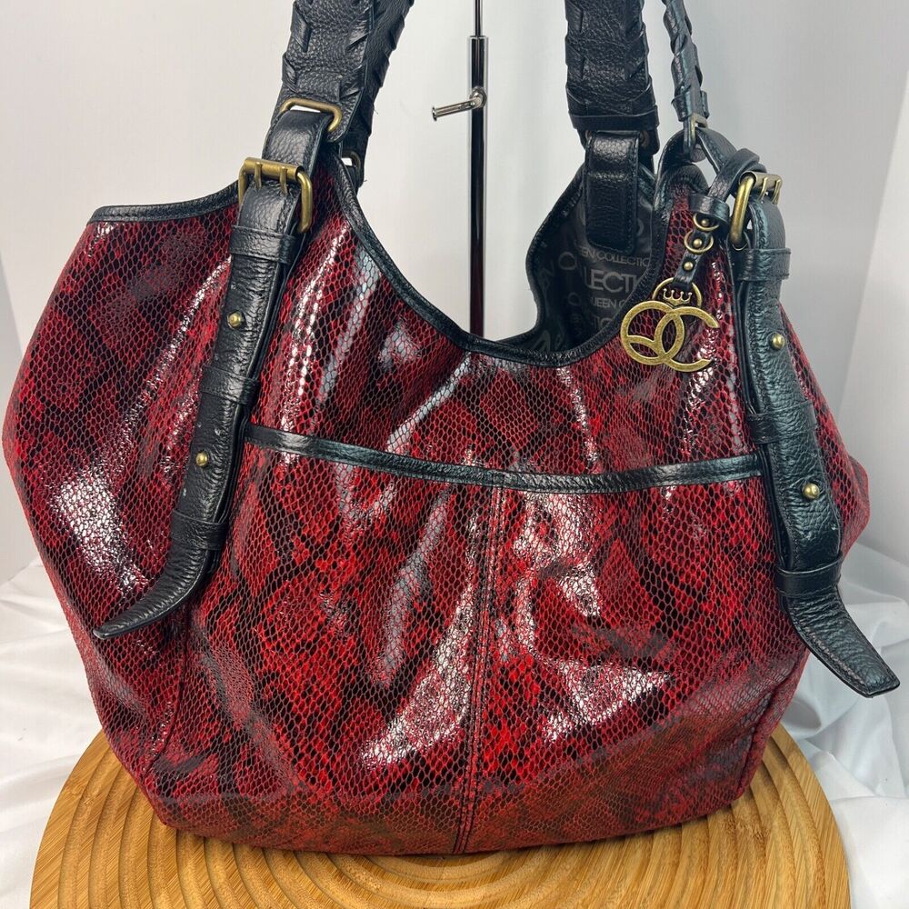 QUEEN COLLECTION RED BLACK SHIMMERY EMBESSED LARGE SNAKE LEATHER LUXURY BAG